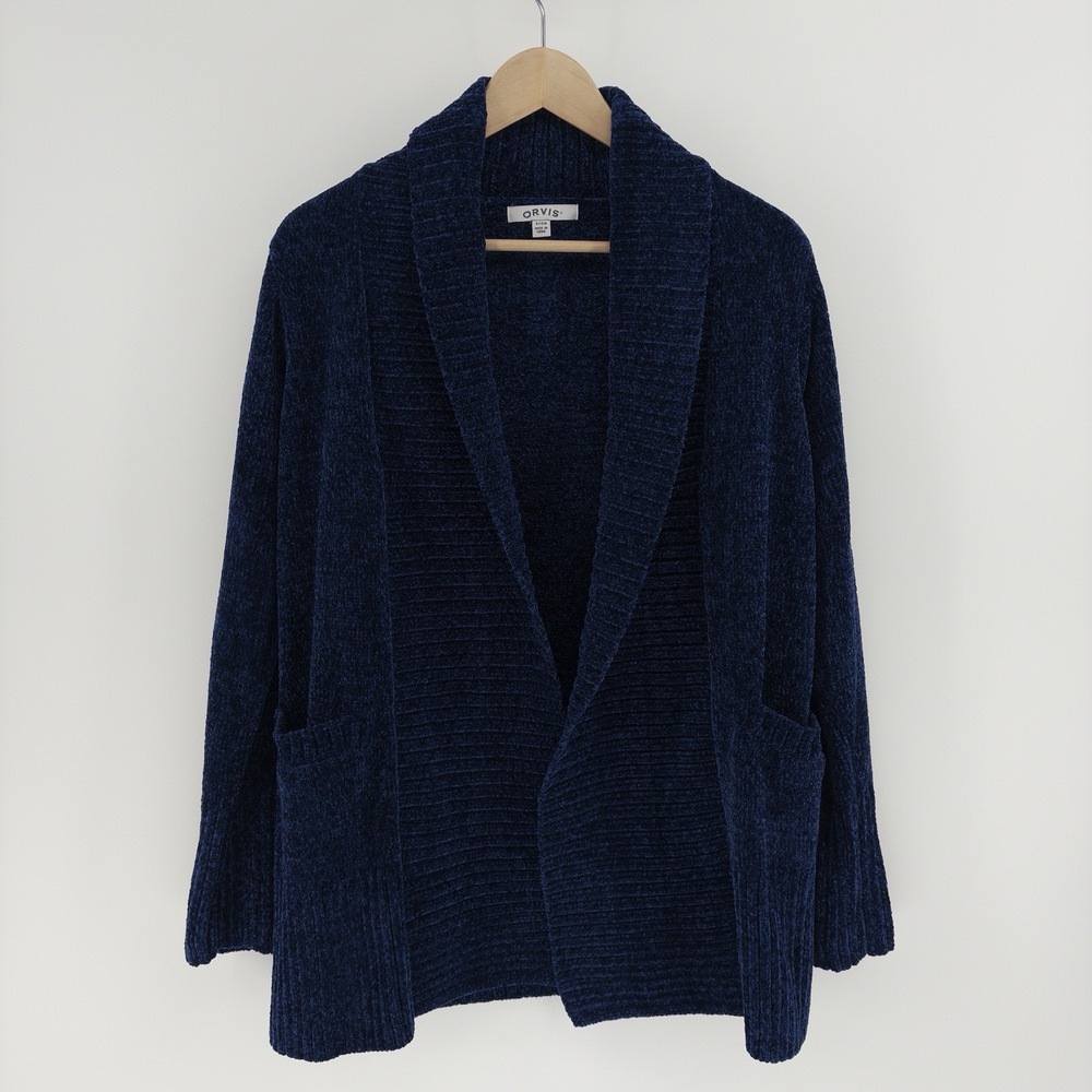 ORVIS Cardigan Sweater Women's Size S Royal Blue Chenille Knit Shawl Collar